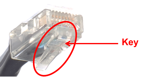 This image displays the location of the key, which is the prong that sticks out from the underside of the RJ-45 connector. 
